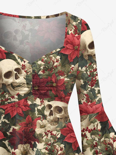 Gothic Plus Size Skull Flower Print Ruched High Low Asymmetric Dress