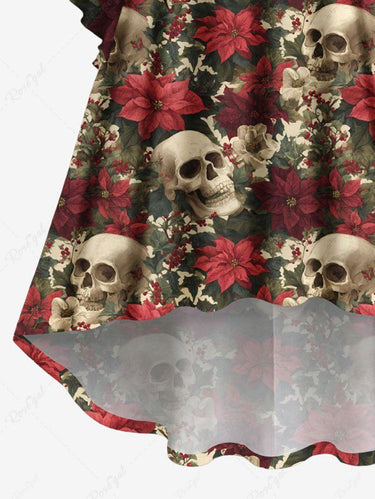 Gothic Plus Size Skull Flower Print Ruched High Low Asymmetric Dress