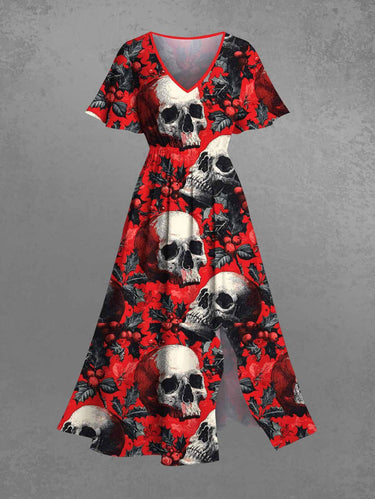 Gothic Plus Size Christmas Holly Leaf Skull Print Split Pocket A Line Midi Dress