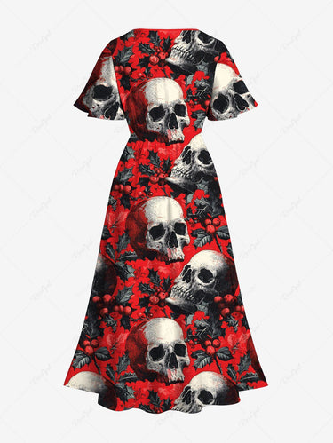 Gothic Plus Size Christmas Holly Leaf Skull Print Split Pocket A Line Midi Dress