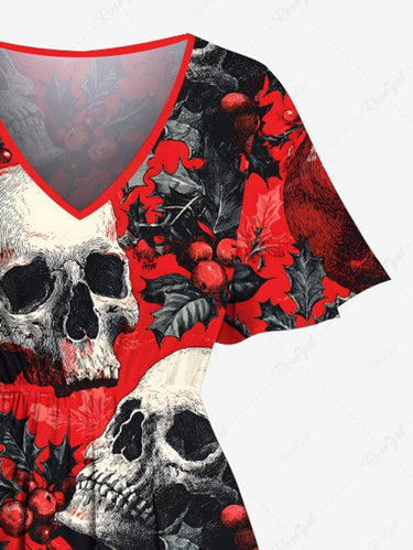 Gothic Plus Size Christmas Holly Leaf Skull Print Split Pocket A Line Midi Dress