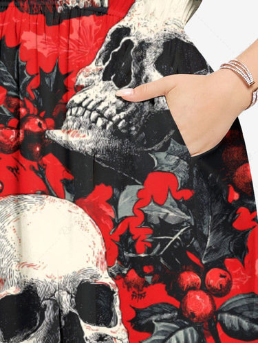 Gothic Plus Size Christmas Holly Leaf Skull Print Split Pocket A Line Midi Dress