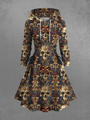 Gothic Plus Size Skull Vintage Flower Print Lace Up Hooded A Line Dress