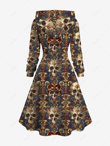 Gothic Plus Size Skull Vintage Flower Print Lace Up Hooded A Line Dress