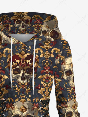 Gothic Plus Size Skull Vintage Flower Print Lace Up Hooded A Line Dress