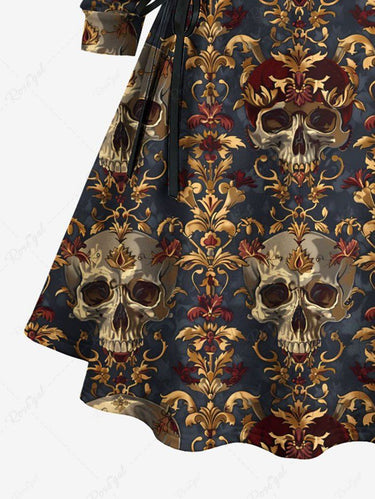 Gothic Plus Size Skull Vintage Flower Print Lace Up Hooded A Line Dress