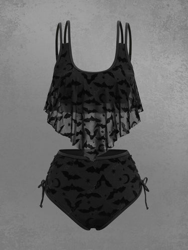 Gothic Moon Star Bat Flocking Peplum Hem Lace Up Tankini Swimsuit (Adjustable Shoulder Strap)