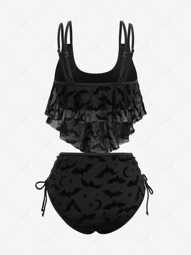 Gothic Moon Star Bat Flocking Peplum Hem Lace Up Tankini Swimsuit (Adjustable Shoulder Strap)