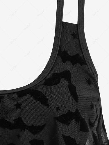Gothic Moon Star Bat Flocking Peplum Hem Lace Up Tankini Swimsuit (Adjustable Shoulder Strap)