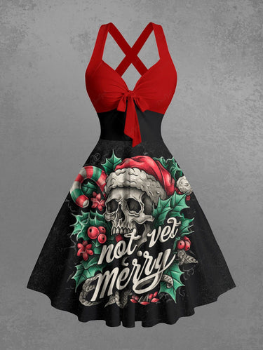 Gothic Christmas Hat Holly Candy Skull Letters Print Crisscross Halter A Line Dress