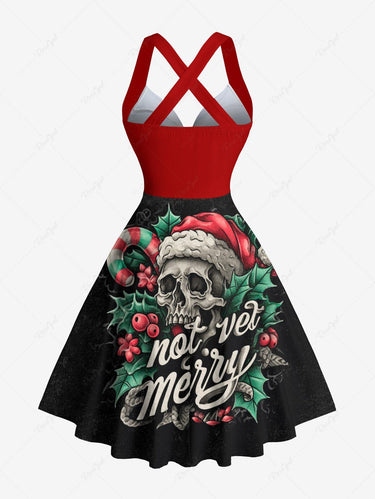 Gothic Christmas Hat Holly Candy Skull Letters Print Crisscross Halter A Line Dress