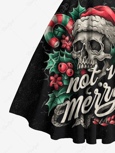 Gothic Christmas Hat Holly Candy Skull Letters Print Crisscross Halter A Line Dress