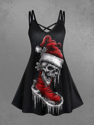 Gothic Plus Size Christmas Hat Boots Skull Print Crisscross Strappy A Line Cami Dress