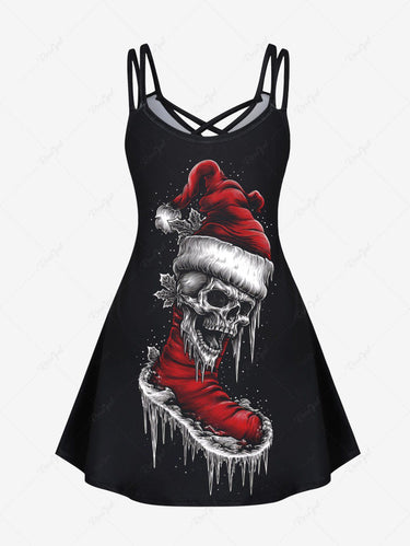 Gothic Plus Size Christmas Hat Boots Skull Print Crisscross Strappy A Line Cami Dress