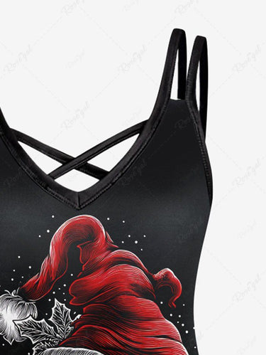 Gothic Plus Size Christmas Hat Boots Skull Print Crisscross Strappy A Line Cami Dress