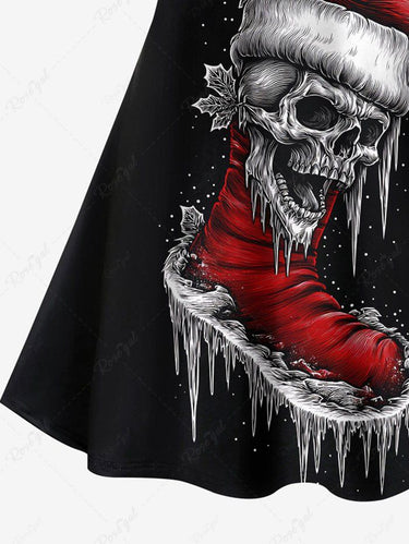 Gothic Plus Size Christmas Hat Boots Skull Print Crisscross Strappy A Line Cami Dress