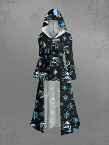 Gothic Christmas Snowflake Skull Print Zipper Hooded Asymmetric Long Sleeves Coat