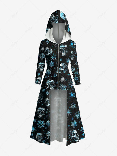 Gothic Christmas Snowflake Skull Print Zipper Hooded Asymmetric Long Sleeves Coat