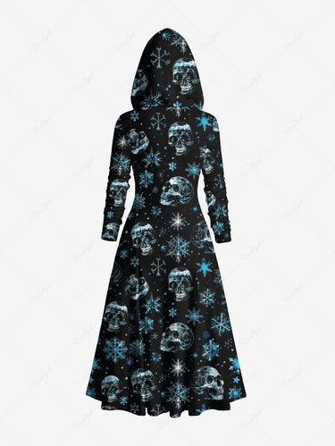 Gothic Christmas Snowflake Skull Print Zipper Hooded Asymmetric Long Sleeves Coat
