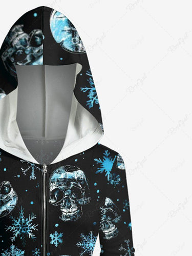 Gothic Christmas Snowflake Skull Print Zipper Hooded Asymmetric Long Sleeves Coat