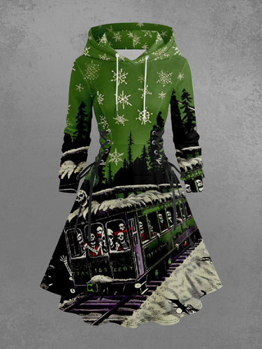 Gothic Plus Size Christmas Tree Snowflake Skull Train Print Lace Up A Line Hooded Dress