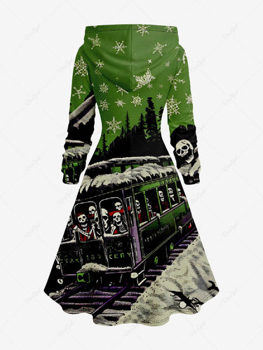 Gothic Plus Size Christmas Tree Snowflake Skull Train Print Lace Up A Line Hooded Dress