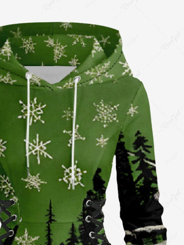 Gothic Plus Size Christmas Tree Snowflake Skull Train Print Lace Up A Line Hooded Dress
