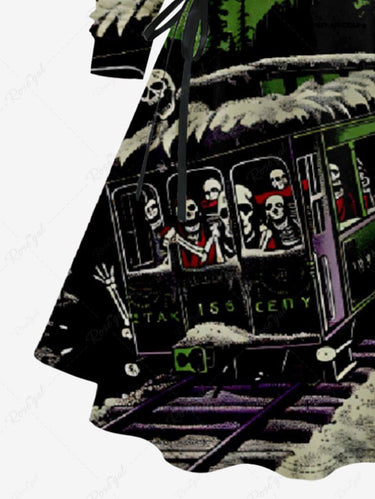 Gothic Plus Size Christmas Tree Snowflake Skull Train Print Lace Up A Line Hooded Dress