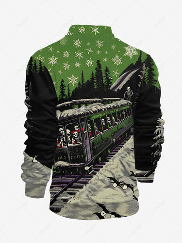 Gothic Plus Size Christmas Tree Snowflake Skull Train Print Half Zipper Long Sleeves Polo Shirt For Men