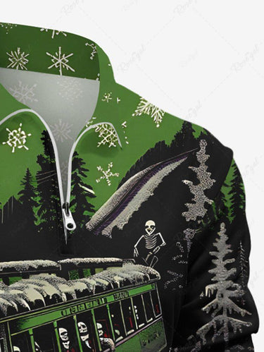 Gothic Plus Size Christmas Tree Snowflake Skull Train Print Half Zipper Long Sleeves Polo Shirt For Men
