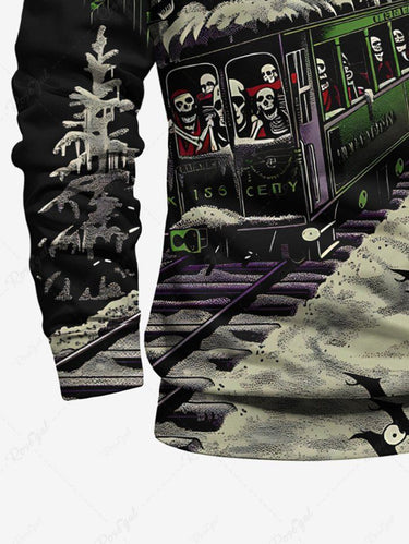 Gothic Plus Size Christmas Tree Snowflake Skull Train Print Half Zipper Long Sleeves Polo Shirt For Men