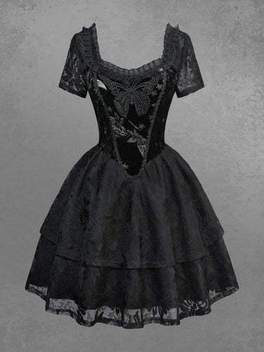 Gothic Butterfly Appliques Flower Lace Dress