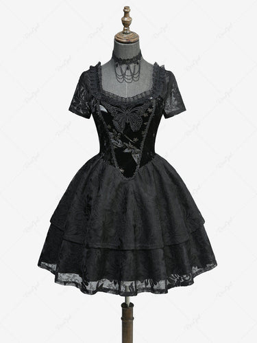 Gothic Butterfly Appliques Flower Lace Dress