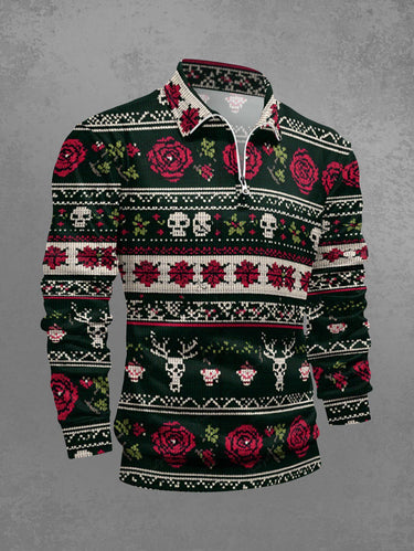 Gothic Plus Size Christmas Elk Skull Rose Flower Striped Print Half Zipper Polo Shirt For Men