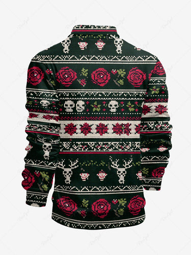 Gothic Plus Size Christmas Elk Skull Rose Flower Striped Print Half Zipper Polo Shirt For Men