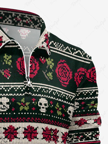 Gothic Plus Size Christmas Elk Skull Rose Flower Striped Print Half Zipper Polo Shirt For Men
