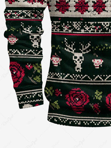 Gothic Plus Size Christmas Elk Skull Rose Flower Striped Print Half Zipper Polo Shirt For Men