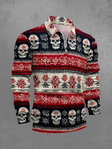 Gothic Plus Size Skull Fireworks Striped Print Half Zipper Polo Shirt For Men