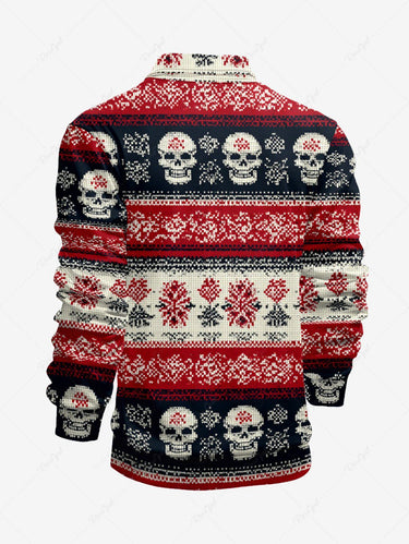 Gothic Plus Size Skull Fireworks Striped Print Half Zipper Polo Shirt For Men