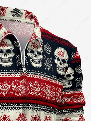 Gothic Plus Size Skull Fireworks Striped Print Half Zipper Polo Shirt For Men