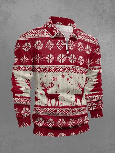 Gothic Plus Size 3D Knit Christmas Elk Snowflake Print Half Zipper Polo Shirt For Men