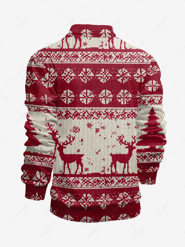 Gothic Plus Size 3D Knit Christmas Elk Snowflake Print Half Zipper Polo Shirt For Men