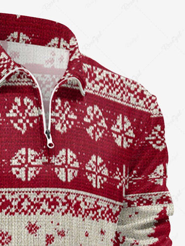 Gothic Plus Size 3D Knit Christmas Elk Snowflake Print Half Zipper Polo Shirt For Men