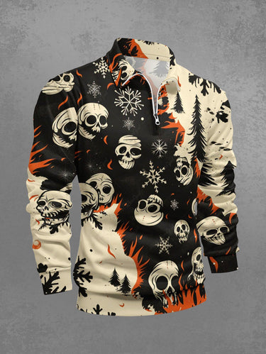 Gothic Plus Size Christmas Tree Snowflake Skull Fire Flame Print Half Zipper Polo Shirt For Men