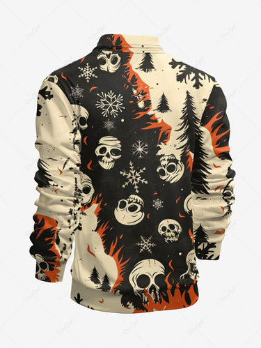 Gothic Plus Size Christmas Tree Snowflake Skull Fire Flame Print Half Zipper Polo Shirt For Men