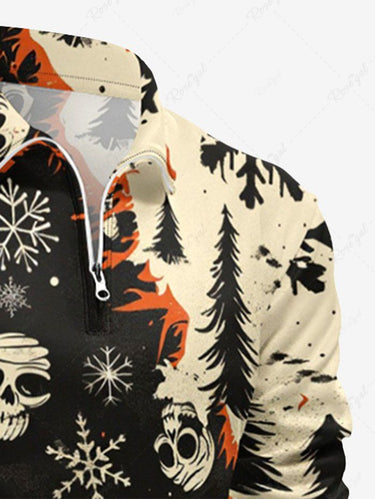 Gothic Plus Size Christmas Tree Snowflake Skull Fire Flame Print Half Zipper Polo Shirt For Men