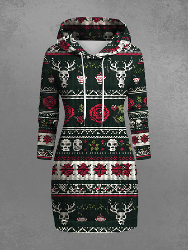 Gothic Plus Size Christmas Elk Skull Rose Flower Striped Print Pullover Long Sleeves Hoodie
