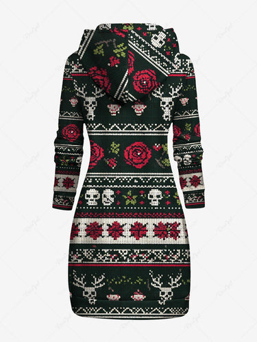 Gothic Plus Size Christmas Elk Skull Rose Flower Striped Print Pullover Long Sleeves Hoodie