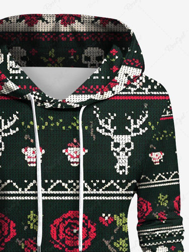 Gothic Plus Size Christmas Elk Skull Rose Flower Striped Print Pullover Long Sleeves Hoodie