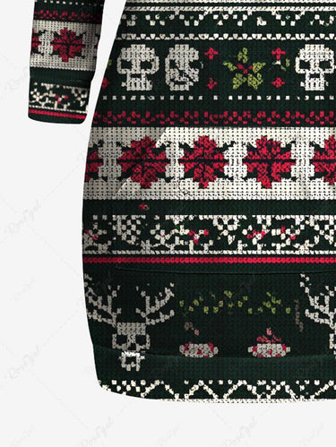 Gothic Plus Size Christmas Elk Skull Rose Flower Striped Print Pullover Long Sleeves Hoodie